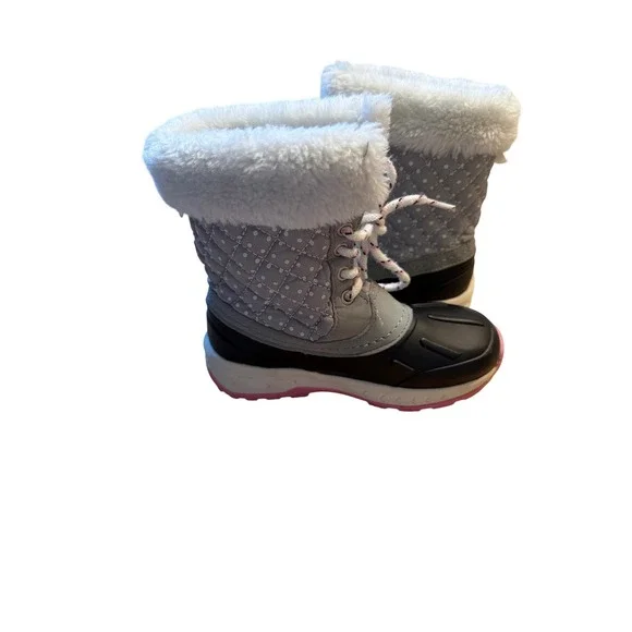 Carters Kids Snow Boots Quilted Gray Pink Laces Faux Fur Lined Winter‎ Size 12 - Picture 6 of 13